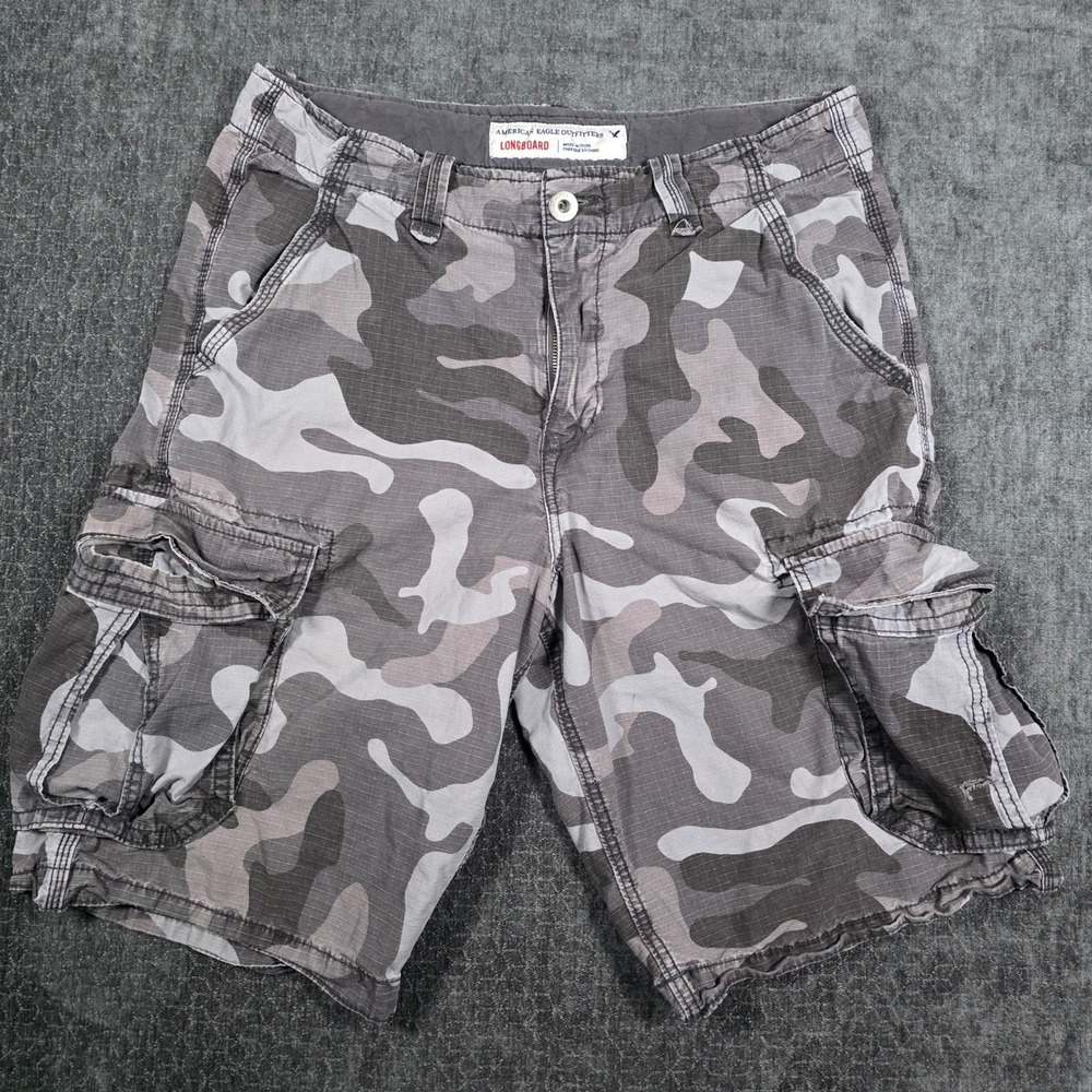 American Eagle Longboard Camo Cargo Shorts Mens 34 Grey Ripstop Cotton Utility